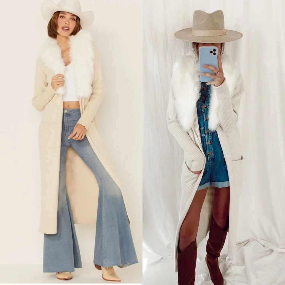 Show Me Your MuMu Cream Faux-Fur Collar Long Cardigan - Picture 3 of 13